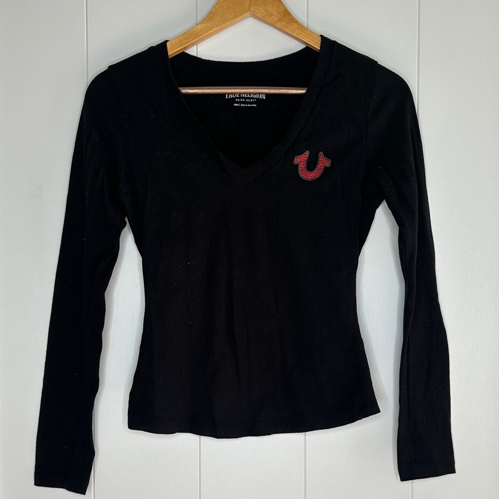 True Religion Women's Black V-Neck Long Sleeve Tee
